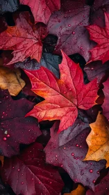 Wet red maple leaf centered among dark autumn foliage