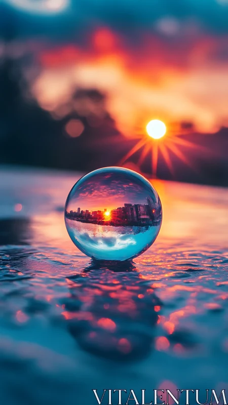 Crystal sphere captures a neon city sunset in vivid reflection