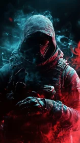 Mysterious hooded warrior surrounded by glowing red and blue smoke.