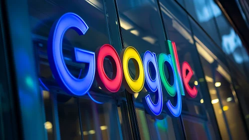 Colorful Google office sign glowing with playful city energy.