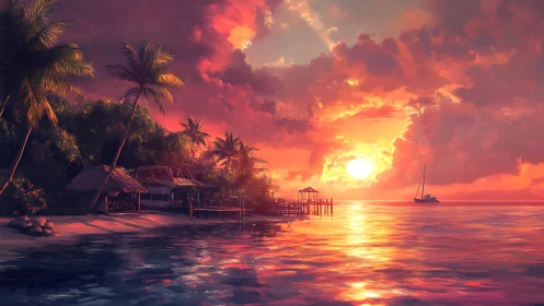 Tropical shoreline huts and pier at sunset over calm water.