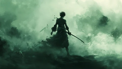 Solitary swordsman silhouette in dense green mist field.