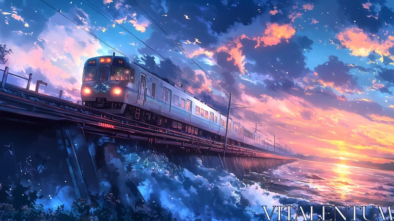 Anime coastal train at sunset with dynamic ocean perspective.