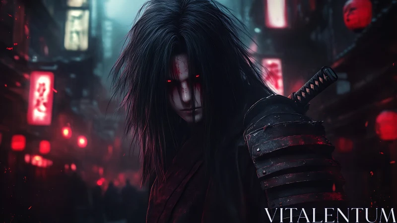 Vengeful samurai stalks neon alley under crimson lanterns