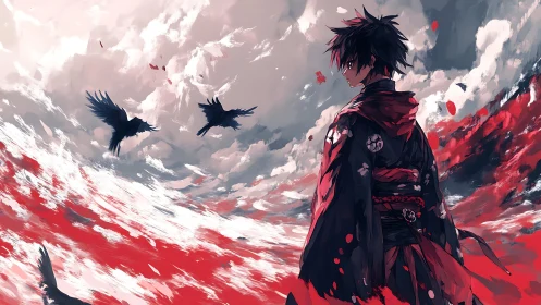 Storm-lit wanderer in crimson kimono and circling crows.