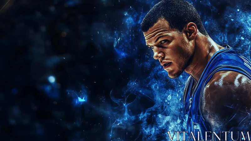 Digital portrait shows basketball player amid abstract blue smoke