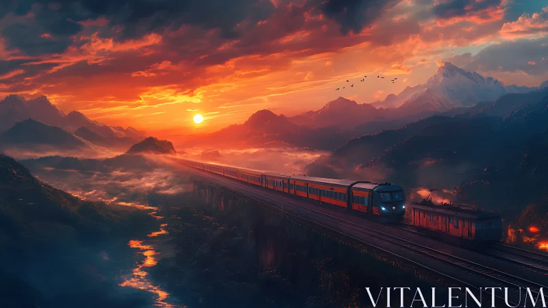 Sunset mountain railway carries a lone train through clouds.