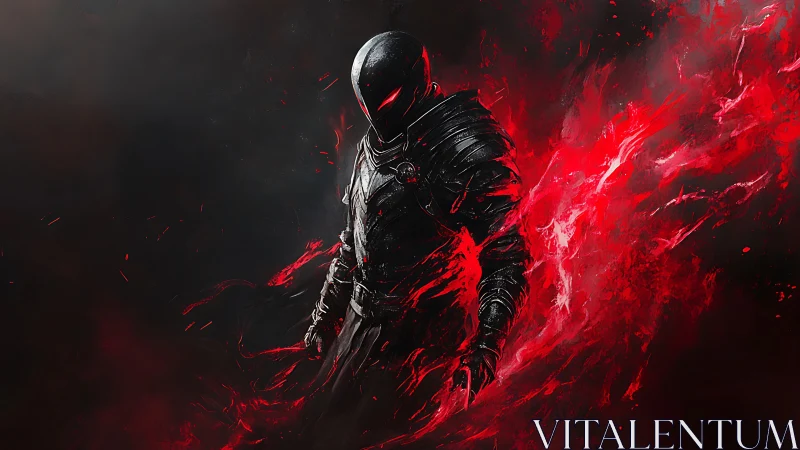 Dark armored wraith strides through erupting crimson fire.