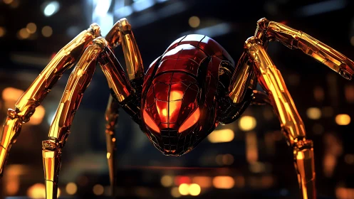 Cybernetic ember spider stalks a neon-lit digital hive.