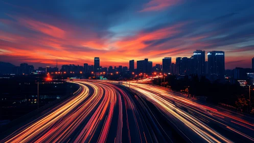 City skyline and highway light trails at vivid sunset.