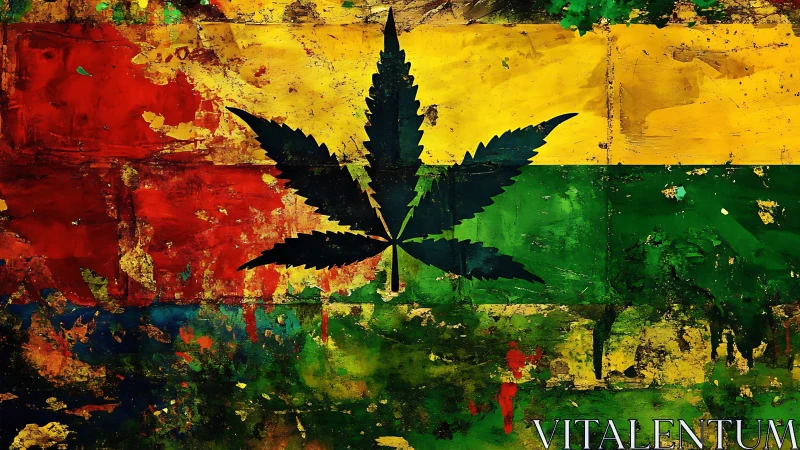 Bold leaf silhouette on grungy red, gold, and green canvas.