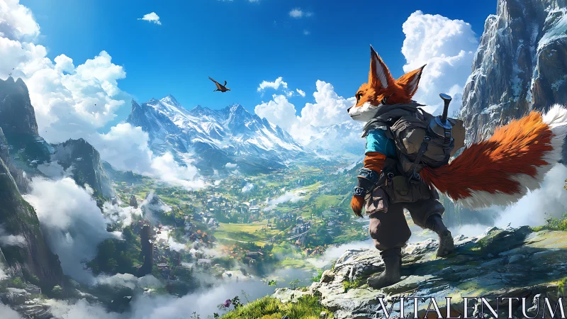 Fox adventurer surveys vast fantasy valley in bright daylight.