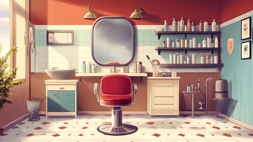 Digital barbershop interior with retro midcentury styling.