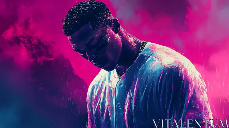 Neon-lit baseball portrait in rain with moody pink haze.