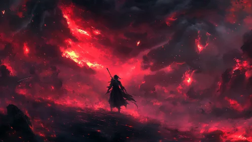 Lone sword warrior faces apocalyptic crimson storm sky.