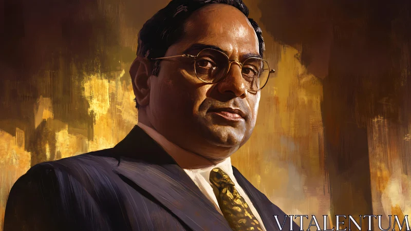 Painted portrait depicts suited man against abstract backdrop