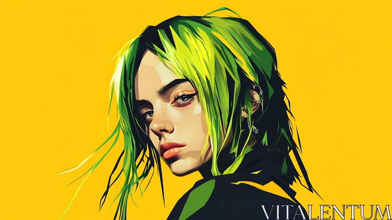 Digital portrait shows stylized female head on yellow field