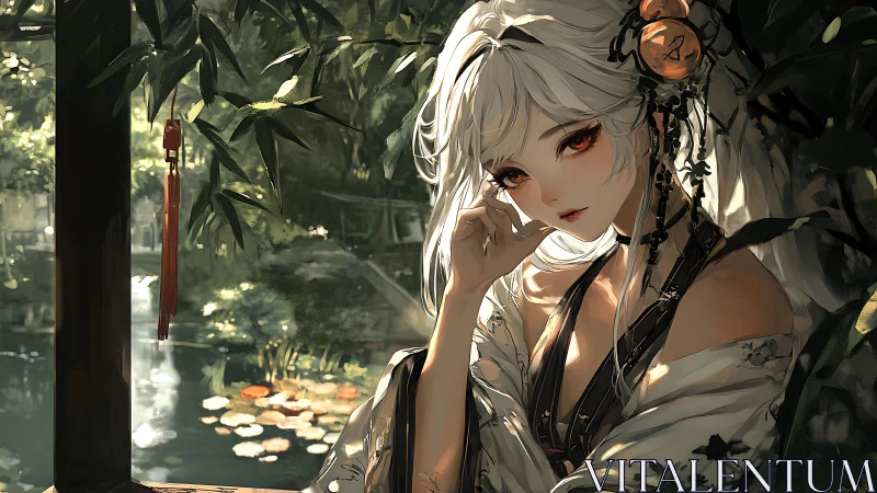 Elegant white haired anime girl rests by a tranquil koi pond