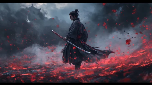 Lone samurai walks a storm of embers and gathering ghosts.