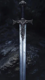 Ornate frostforged sword waits, humming over shadowed stone