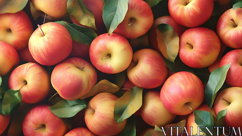 Red and yellow apples with green leaves in dense arrangement.