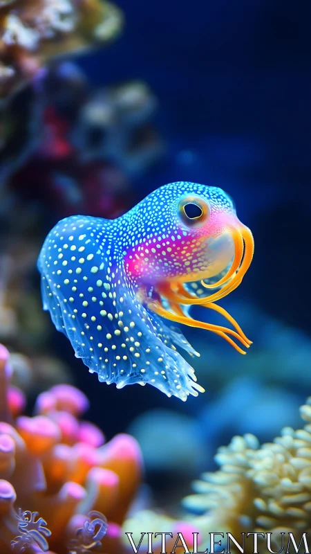 Bioluminescent cephalopod drifts through vivid coral reef