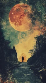 Surreal silhouette under blood moon with textured dusk sky.