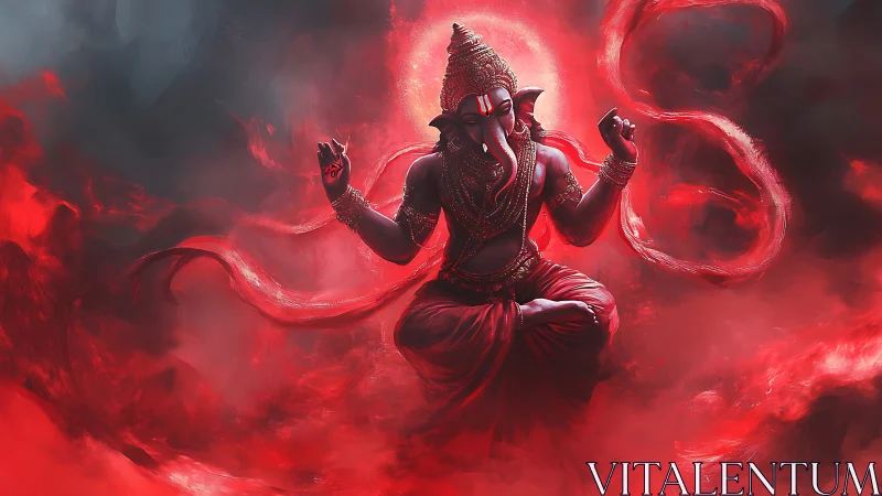 Deity-like elephant figure levitates in high-contrast red nebular haze
