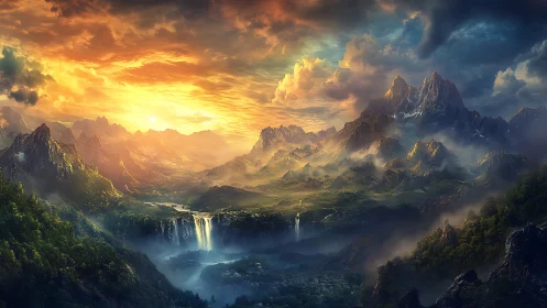 Golden dawn over misty fantasy mountains and waterfalls.