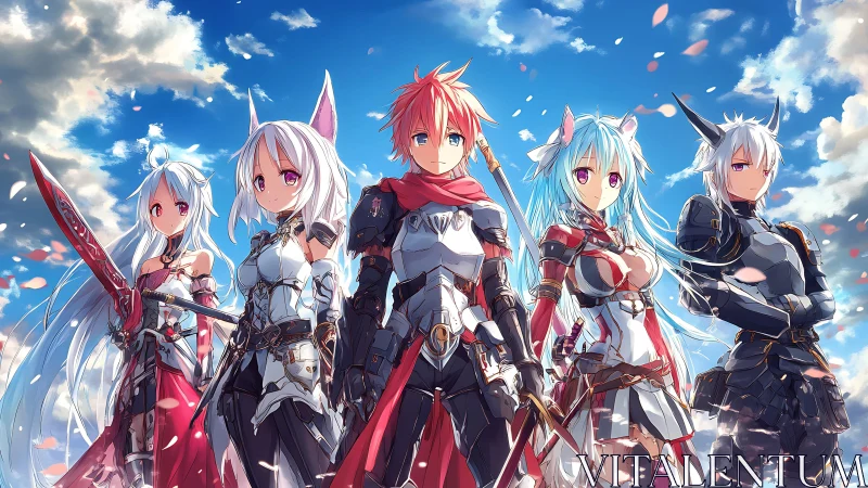 Armored anime warriors stand under blue sky with petals falling