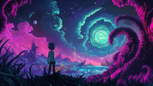 Silhouetted explorer under neon alien vortex sky.