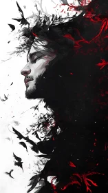 Digital painting portrait in abstract red and black dissolution.