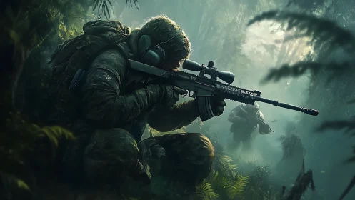 Tactical sniper team advances through dense foggy jungle terrain