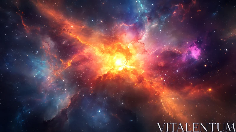 Exploding cosmic nebula radiates vivid orange, pink and blue light