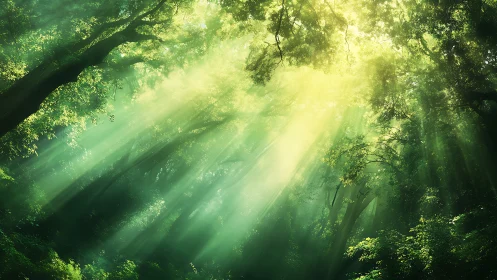 Sunlight streams through dense green forest canopy