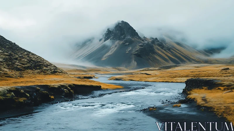 Fog-draped mountain rises above winding icy river valley.