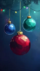 Chromatic glass ornaments under cool festive illumination.