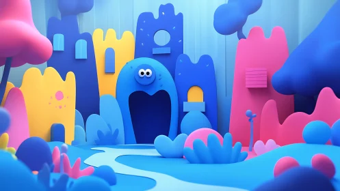 Stylized 3D landscape shows abstract buildings and foliage