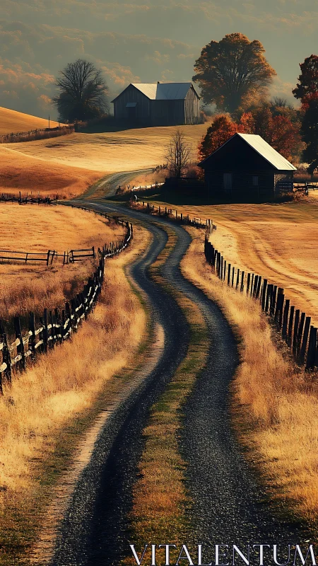 Curving gravel farm lane through autumn pasture toward twin barns