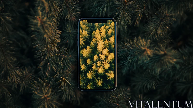 Smartphone screen mirrors dense golden forest canopy view