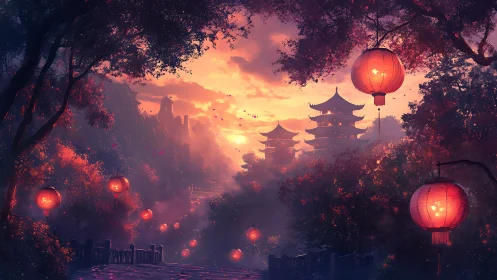 Lantern lit forest path leading to distant pagoda temples.