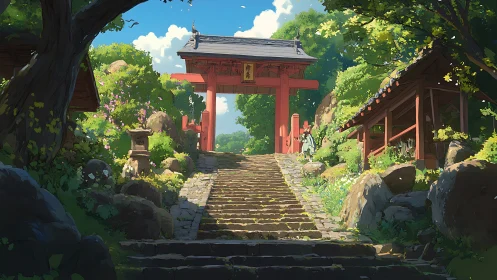 Stone steps lead toward red shrine gate in lush forest
