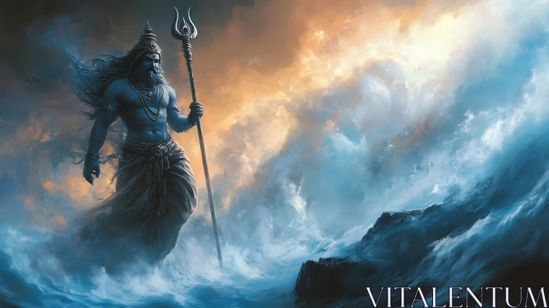 Mythic blue figure with trident amid turbulent seascape.