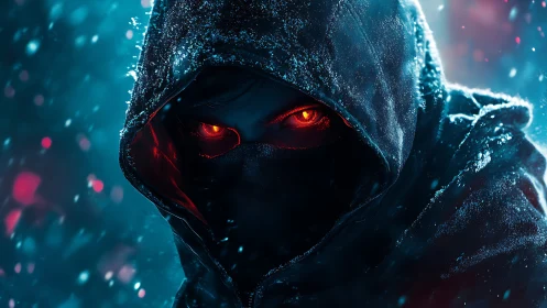 Hooded winter assassin portrait with glowing red cybernetic eyes.