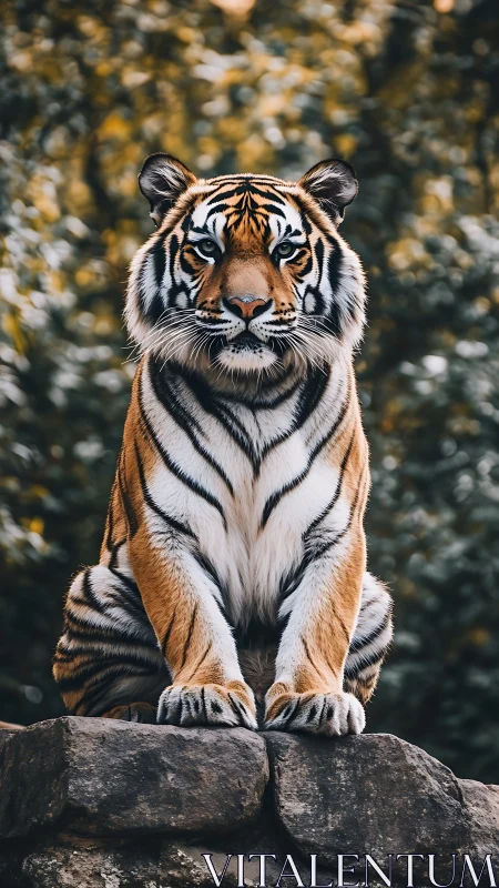 Photorealistic tiger portrait on stone ledge, centered composition.
