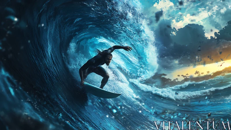 Surfer carved inside colossal wave at glowing tropical dusk.