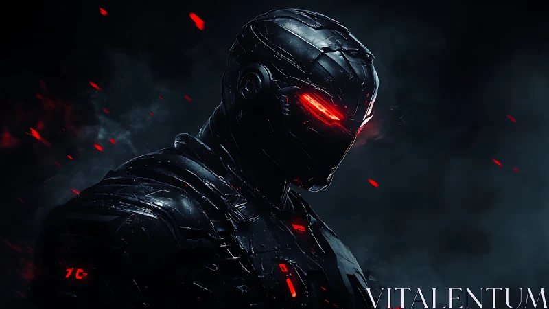 Armored cybernetic sentry with emissive red optics in dark haze