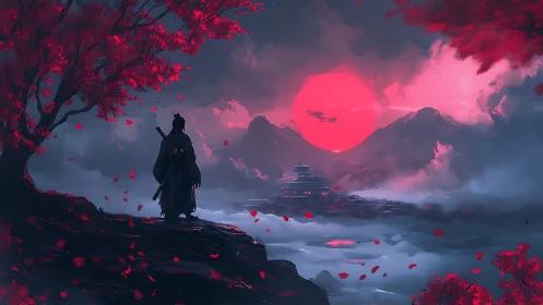 Lone samurai surveys crimson dawn above misted temple