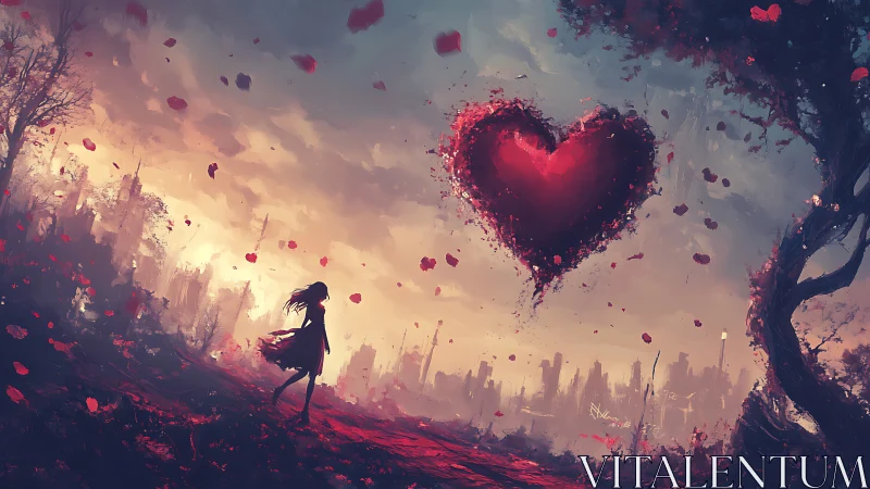 Silhouetted figure contemplates luminous heart form against cityscape with particle effects.