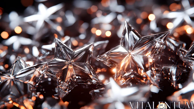 Crystal star decorations with warm bokeh lights, modern macro style.